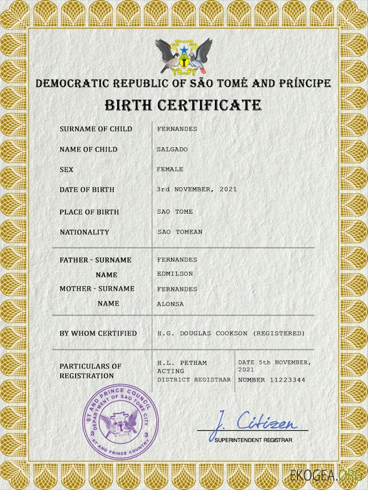 Modèle PSD de certificat de naissance d'état civil de Sao Tomé et Principe